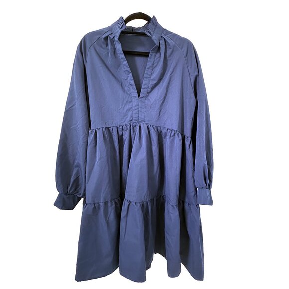 Women's Preppy Navy Blue Ruffle Smock Dress with Long Sleeves Collar - Large - Picture 2 of 5